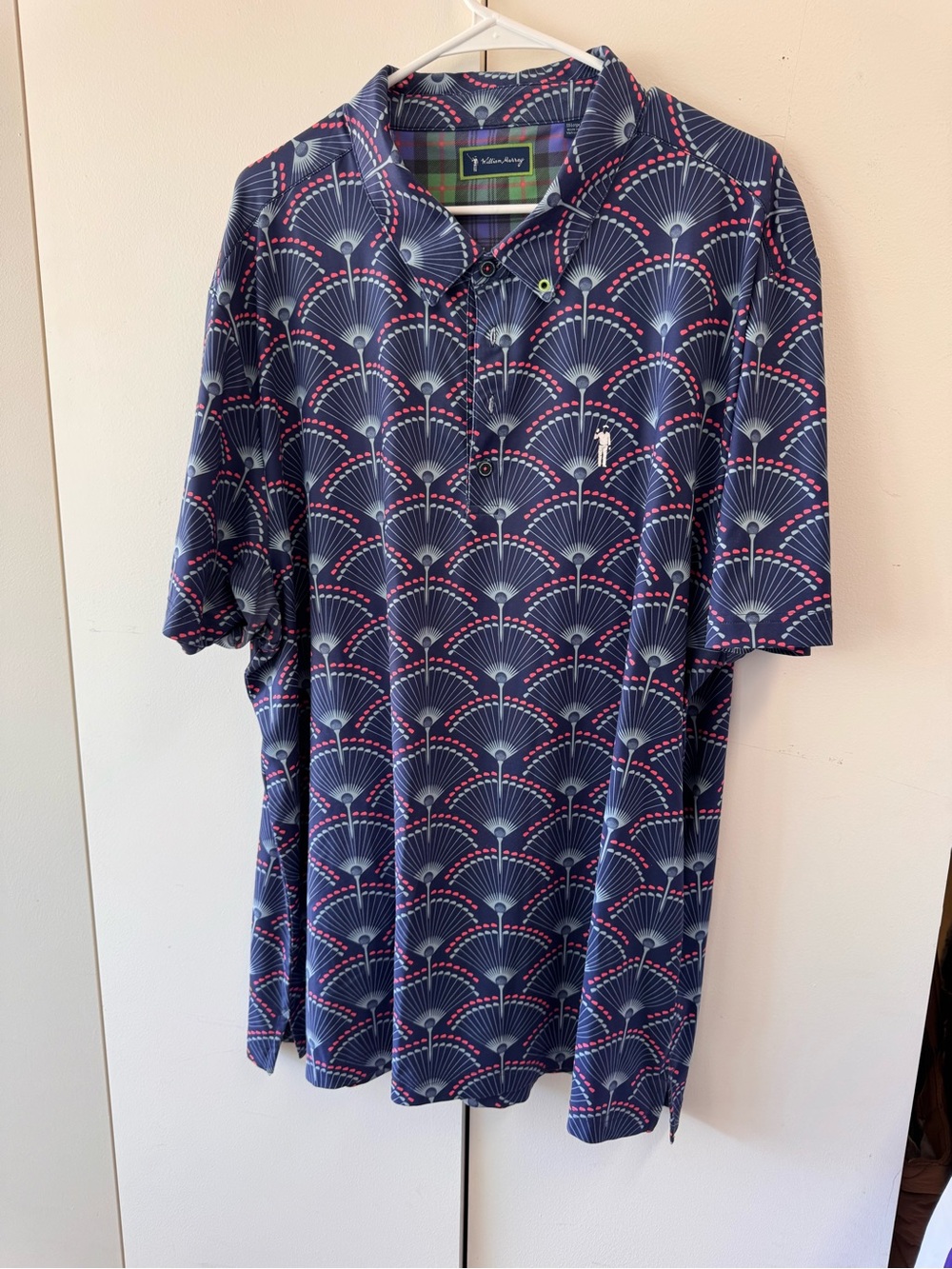 William Murray Golf Navy Polo with Pink & Light Blue Fan Motif